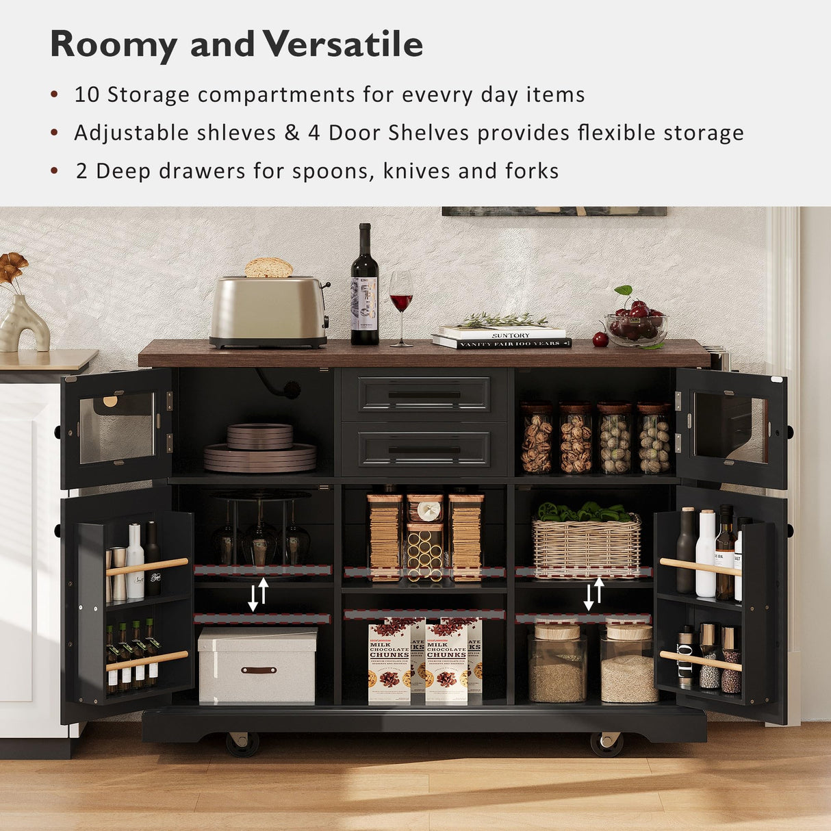 Merax 54.9" Kitchen Island with Drop Leaf, Power Outlet, Rolling Kitchen Storage Cart on 4 Wheels with 4 Door Shelves, Cross Barn Doors & Visual Glass Door for Dining Room,Brown Merax
