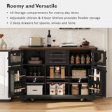 Merax 54.9" Kitchen Island with Drop Leaf, Power Outlet, Rolling Kitchen Storage Cart on 4 Wheels with 4 Door Shelves, Cross Barn Doors & Visual Glass Door for Dining Room,Brown Merax
