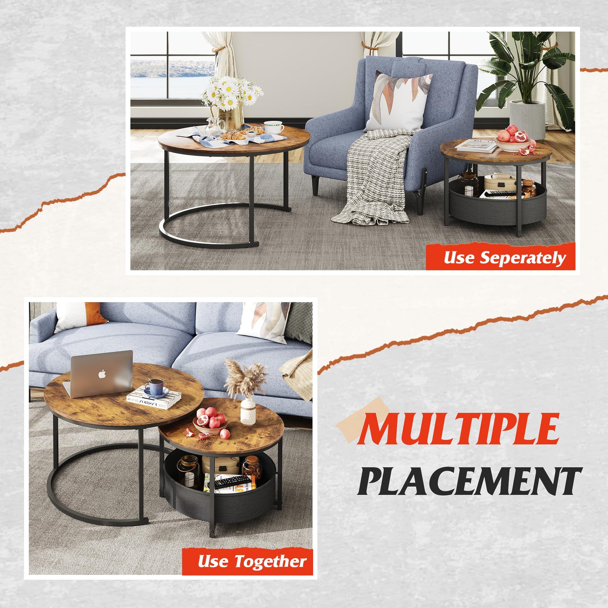 WLIVE Round Coffee Table Set of 2, 31.5" and 23.6" Nesting Table for Living Room, Small Circle Coffee Table with Storage, Stacking Side Tables for Small Space, Office, Bedroom, Rustic Brown - WoodArtSupply