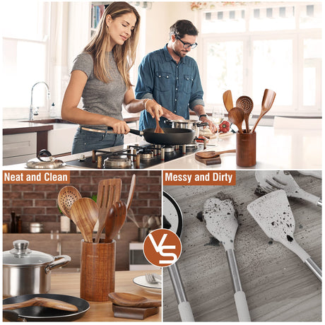 Mooues 9 Piece Natural Teak Wooden Kitchen Utensil Set with Spoon Rest - Comfort Grip Cooking Spoons and Utensils Holder Mooues