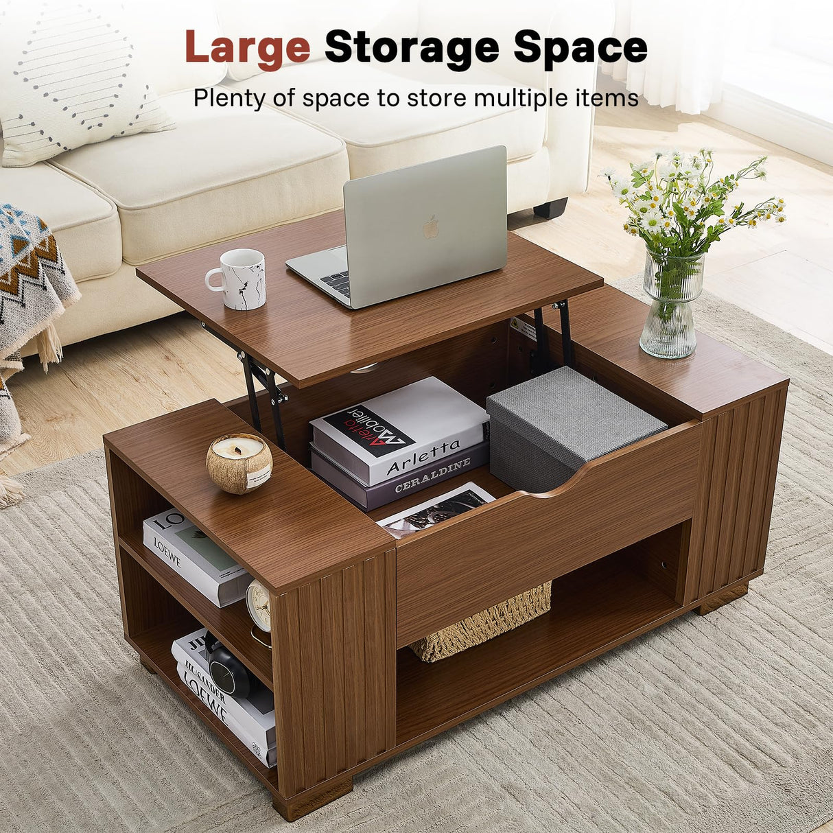 Redkey Lift Top Coffee Table -Fluted Wood Center Table with Hidden Compartment and Storage Shelf- Lift Tabletop for Home Living Room Office - Walnut Redkey