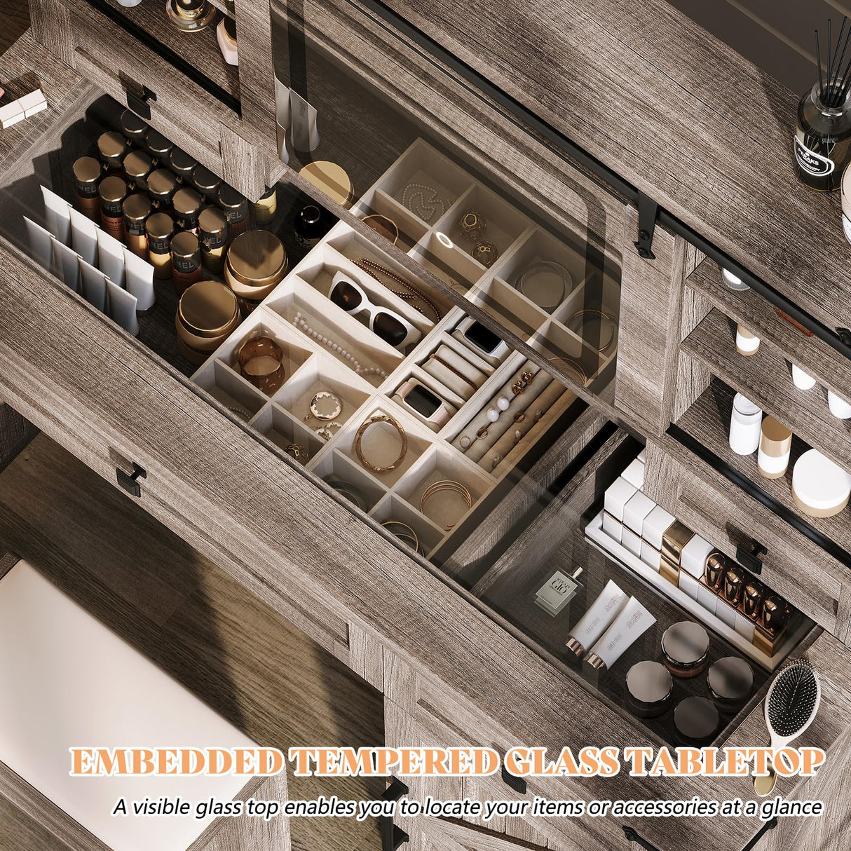 AMERLIFE 42'' Farmhouse Makeup Vanity Desk with Sliding Mirror and Lights, Glass Tabletop Vanity Table with 2 Drawers & Shelves for Bedroom, Light Rustic Oak AMERLIFE