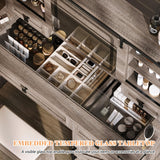 AMERLIFE 42'' Farmhouse Makeup Vanity Desk with Sliding Mirror and Lights, Glass Tabletop Vanity Table with 2 Drawers & Shelves for Bedroom, Light Rustic Oak AMERLIFE