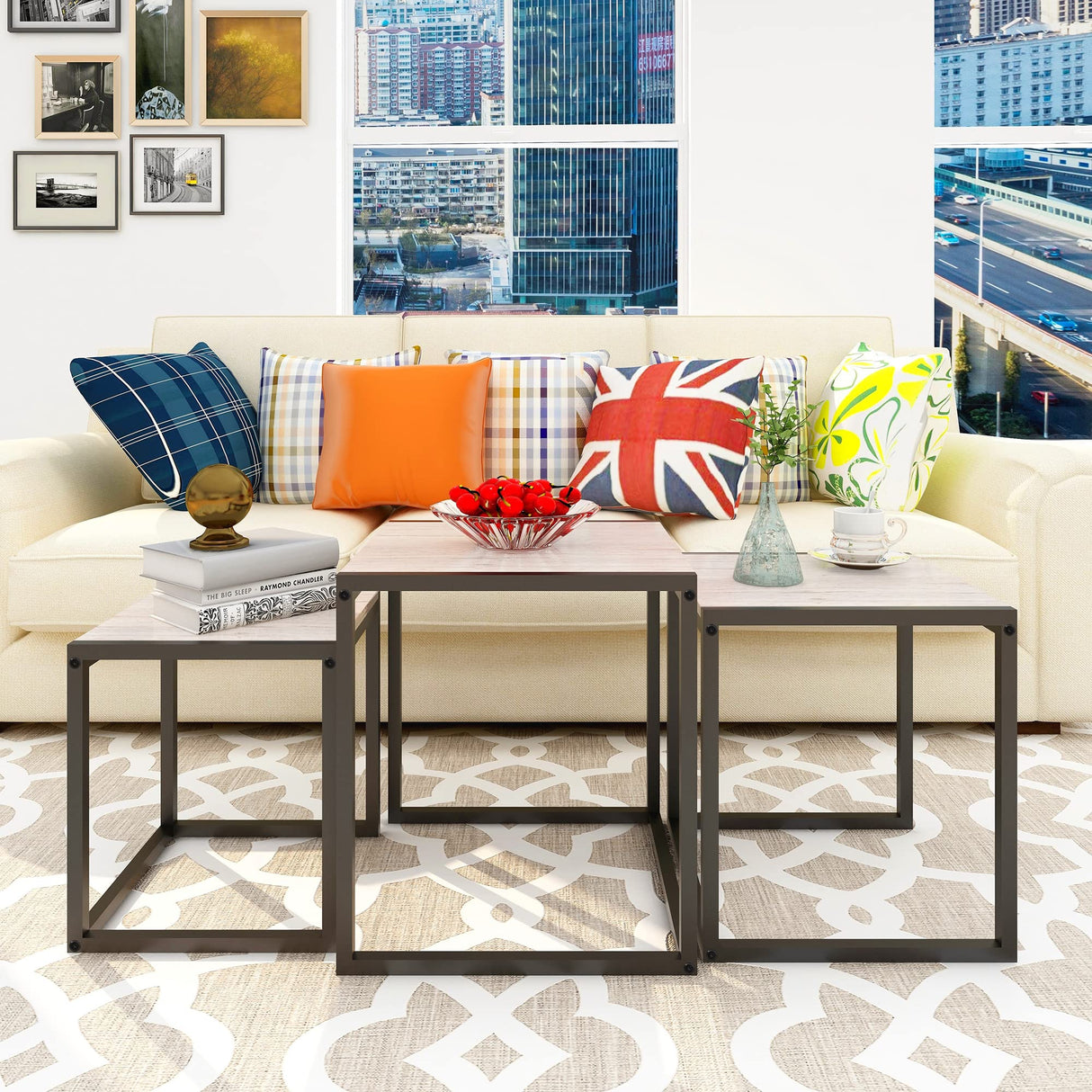 HAHRIR Nesting Table Set of 3 Side Tables, Modern Coffee Table Stacking End Table with Metal Frame，Oak HAHRIR