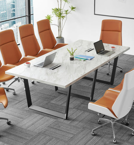 ahliss Sturdy Conference Table with Cable Management Grommets Modern Rectangle Office Meeting Table with Wood Tabletop and Metal Frame & Legs- Easy Assembly Boardroom Table (White Marble, 8 Foot) ahliss
