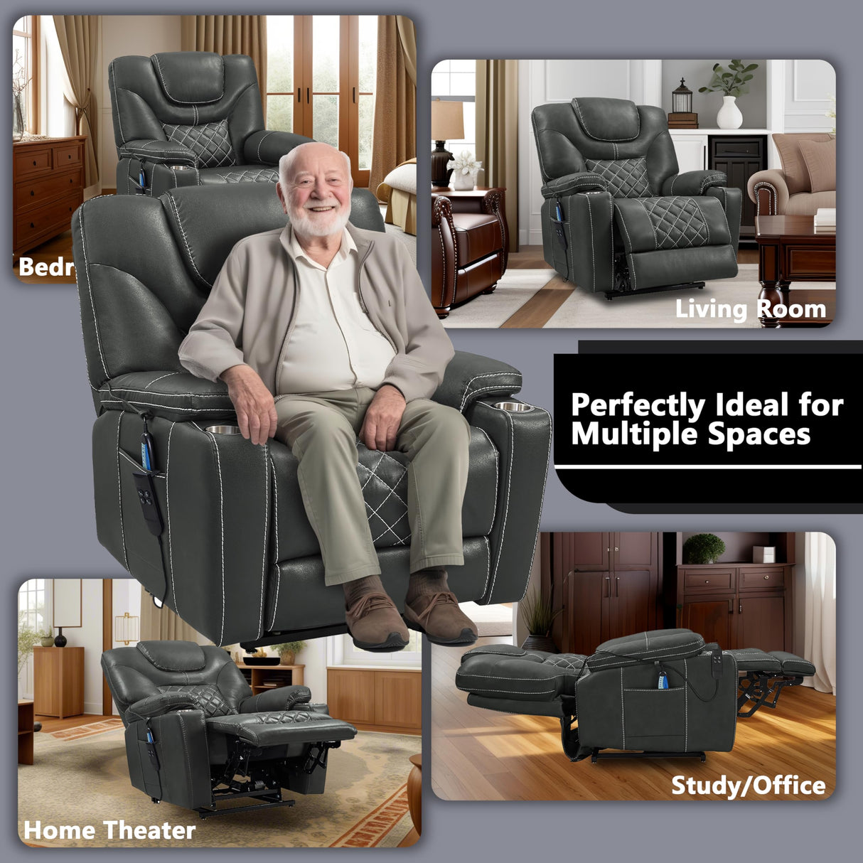 PUG258Y Power Lift Recliner for Seniors: 9988 High Density Foam Lift Chair With Heat and Massage, Reclining To 180, 2 Pockets Cup Holders, 2 Remote Controls, Dual OKIN Motors - Breathable Leather Gray PUG258Y