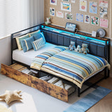 LIKIMIO Corner Bed Frame Twin Daybed with Storage Drawers, Metal Platform Bed Frame with LED Light, Charging Station & Fabric Upholstered Fence, Black LIKIMIO