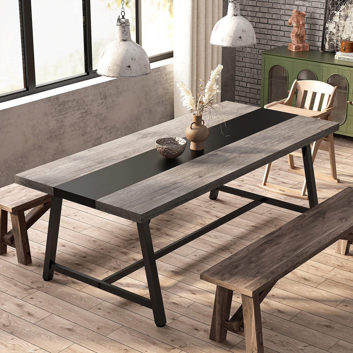 Tribesigns Dining Table for 8 People, 70.87-inch Rectangular Wood Kitchen Table with Strong Metal Frame, Industrial Large Long Dining Room Table for Big Family (Gray, No Chair) Tribesigns