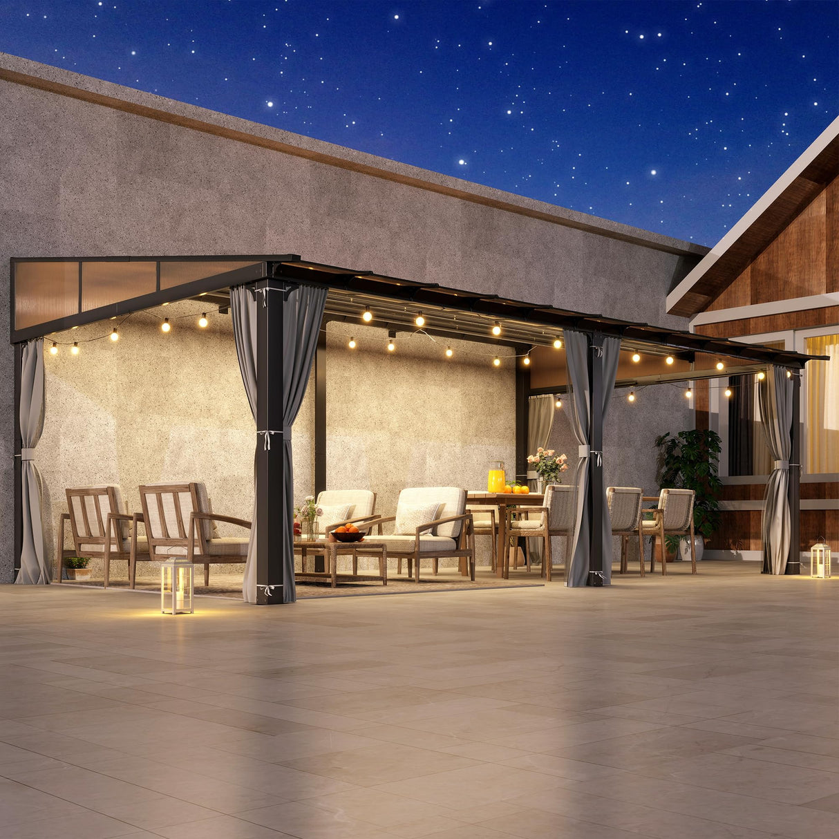 COVERONICS 12' X 20' Outdoor Polycarbonate Lean to Gazebo - Wall-Mounted Aluminum Frame Gazebo with Slope Hardtop, Patio Heavy-Duty Lean to Pergola with Netting & Curtains for Garden, Backyard, Deck COVERONICS