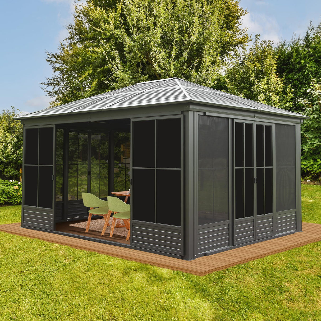 Domi 12x14FT Outdoor Sunroom, Galvanized Steel Hardtop Enclose Gazebo Sloping Roof, All Weather Aluminum Solarium Screen House for Patio Deck Backyard with Lockable Door, Moveable PVC Screen domi outdoor living