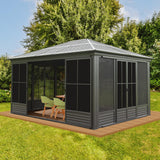 Domi 12x14FT Outdoor Sunroom, Galvanized Steel Hardtop Enclose Gazebo Sloping Roof, All Weather Aluminum Solarium Screen House for Patio Deck Backyard with Lockable Door, Moveable PVC Screen domi outdoor living