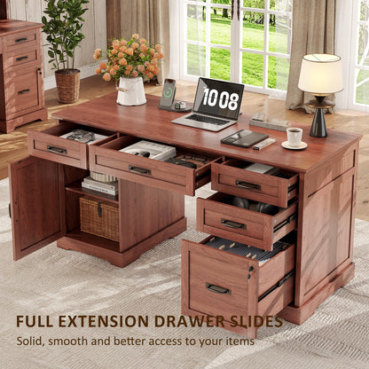 Whalefall Executive Desk with Drawers, 55'' Farmhouse Desk Wooden, Home Office Computer Desk with File Cabinet and Charging Station, Cherry Brown