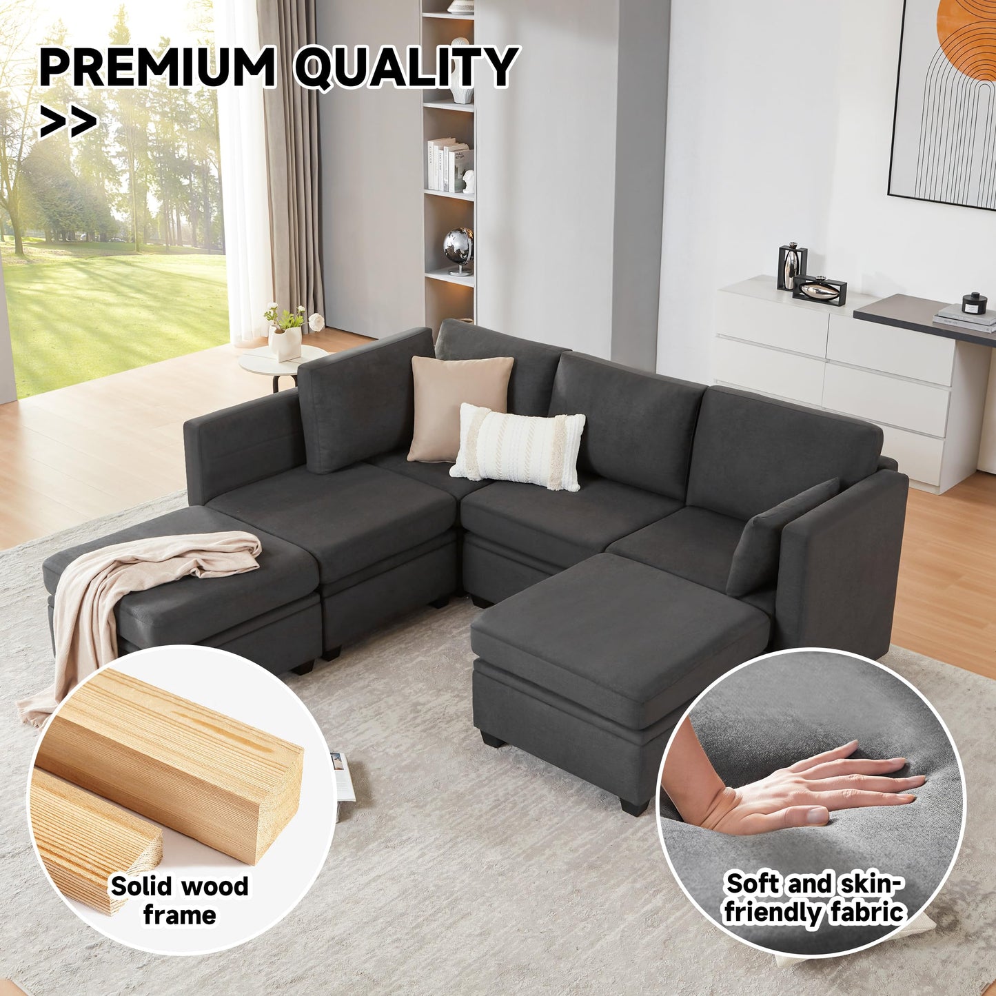 Weture Modular Sectional Sofa with Storage, U Shaped Sectional Couch for Living Room, Convertible Modular Sofa Couch with Ottomans, High Supportive & Soft Sponge, 6 Seat, Darkgrey