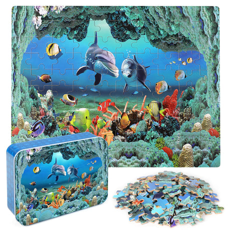 LELEMON 100 Pieces Underwater World Jigsaw Puzzles for Kids Ages 4-8 4-6 5-8 8-10 Year Old Ocean Dolphins Fishes Jigsaw Puzzle for Children Learning Educational Puzzles Toys for Boys Girls LELEMON