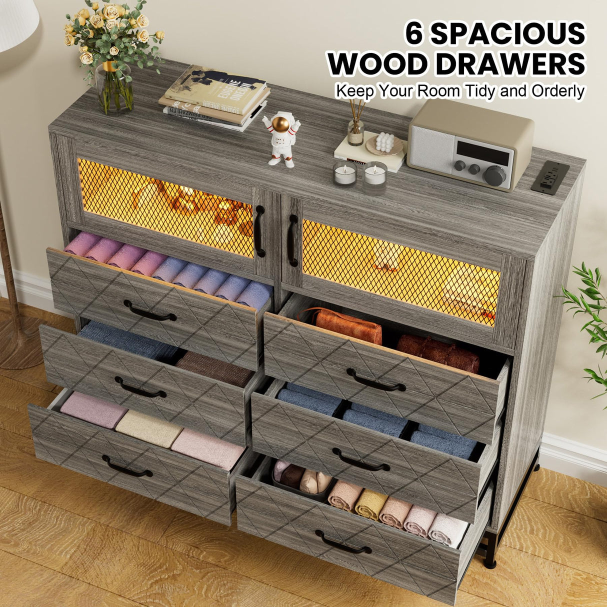 Grey Dresser for Bedroom with 6 Drawers 2-Door Storage Cabinet Dressers & Chest of Drawers with Charging Station and LED Lights, 8 Drawers Tall Dressers for Bedroom,Living Room,Hallway,Closet Takywep
