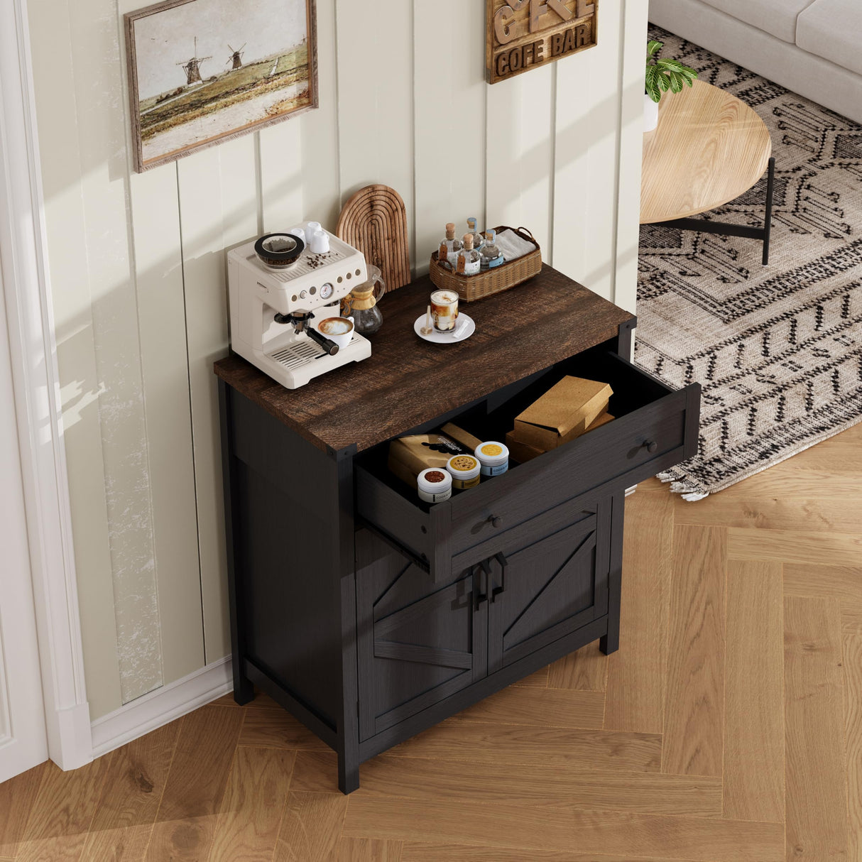 ChooChoo Kitchen Storage Cabinet, Coffee Bar Cabinet, Farmhouse Buffet Sideboard with Drawer for Kitchen, Living Room, Black ChooChoo