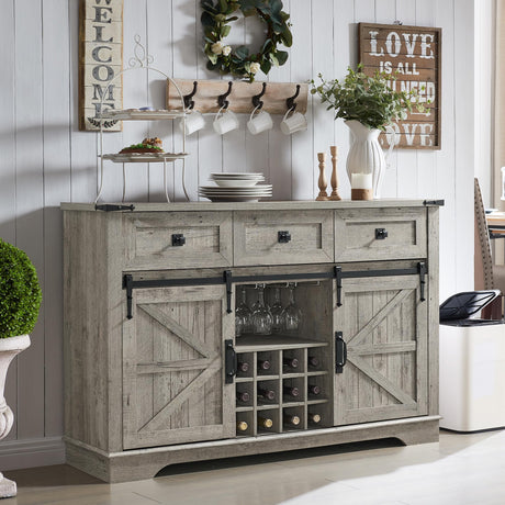 OKD Farmhouse Buffet Cabinet with Storage, 54" Kitchen Wine Bar Cabinet w/Wine & Glass Rack, Sliding Barn Door, 3 Drawers, Rustic Coffee Bar Cabinet, Light Rustic Oak OKD