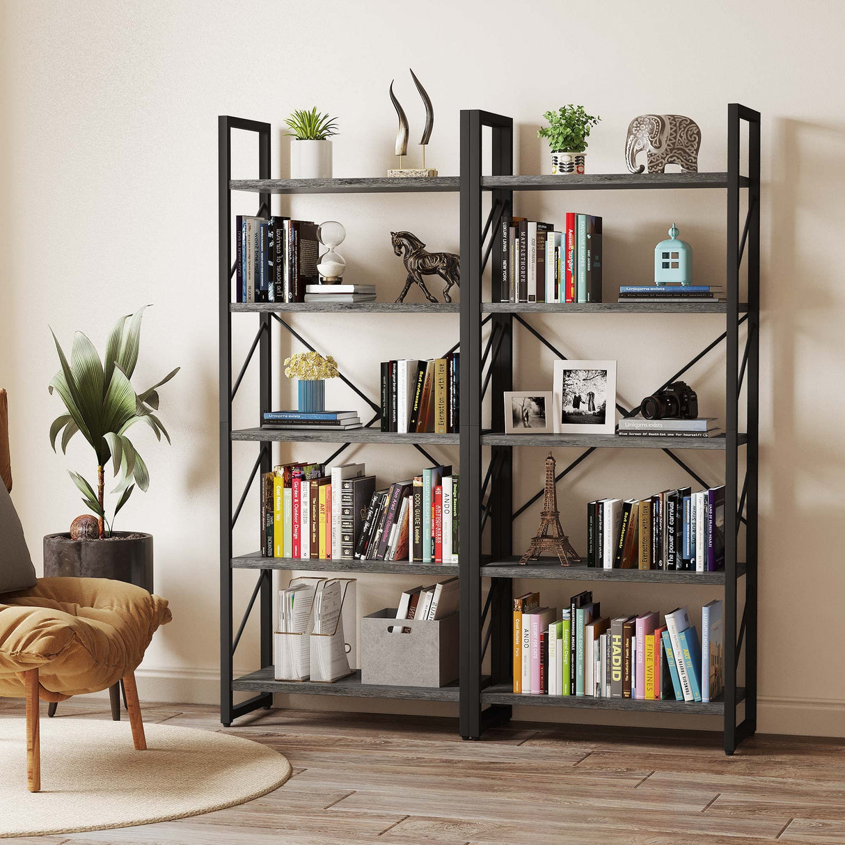 YITAHOME 5 Tiers Bookshelf, Industrial Artsy Grey Bookcase Bookshelves, Book Rack, Storage Rack Shelves Books Holder Organizer for Books Movies in Living Room Home Office, Charcoal Gray + Black YITAHOME