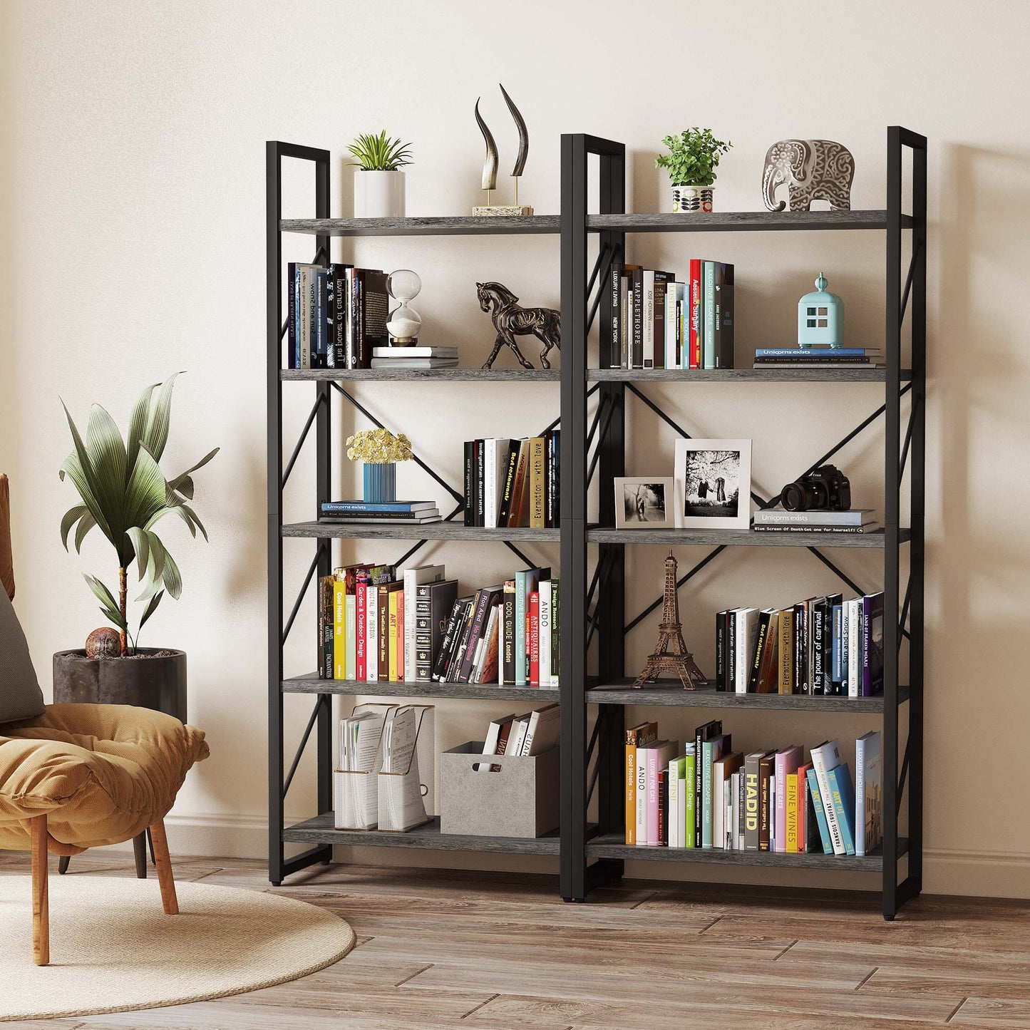 YITAHOME 5 Tiers Bookshelf, Industrial Artsy Grey Bookcase Bookshelves, Book Rack, Storage Rack Shelves Books Holder Organizer for Books Movies in Living Room Home Office, Charcoal Gray + Black