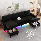 HYZQ Sectional Couches for Living Room, 4 Seat Linen Sectional Sofa with Reversible Chaise Lounge/Storage Ottoman, U Shaped Couch with Smart Module-Wireless Charging/USB/Type-C/RGB Light (Black) HYZQ
