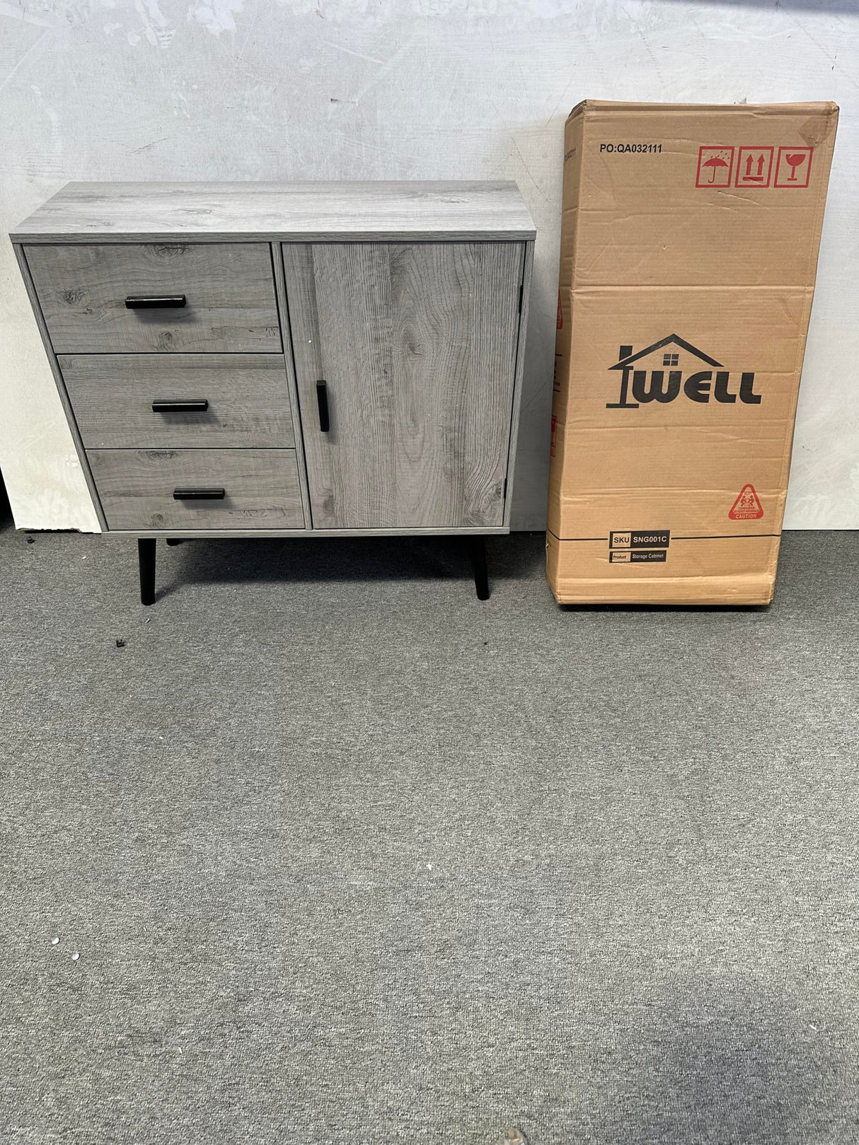 Iwell Storage Cabinet with 3 Drawers & Adjustable Shelf, Sideboard Buffet Cabinet, Small Freestanding Floor Storage Unit, for Living Room, Home Office, Rustic Grey Iwell