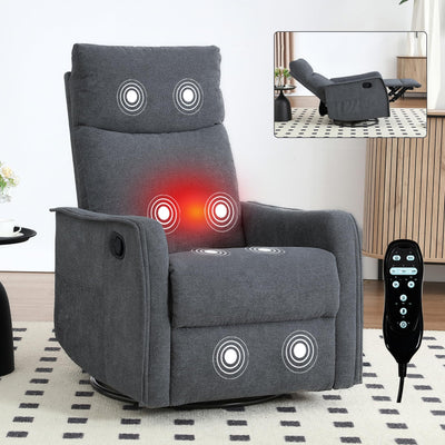 Rocker Recliner Chair for Adults, Swivel Rocker Recliner with Massage and Heat, Adjustable Glider Recliner Nursery Chair with Black Metal Base, Small Recliners for Small Spaces, Living Room (Grey)