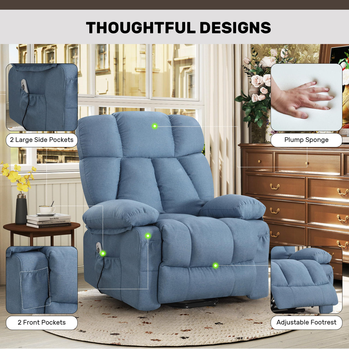 Sofetura Power Lift Recliner Chair with Vibration Massage&Heat for Elderly,Upholstered Breathable Fabric Lounge Chair with Side Pockets, USB Charge Port for Living Room,Only One Package,Blue Sofetura