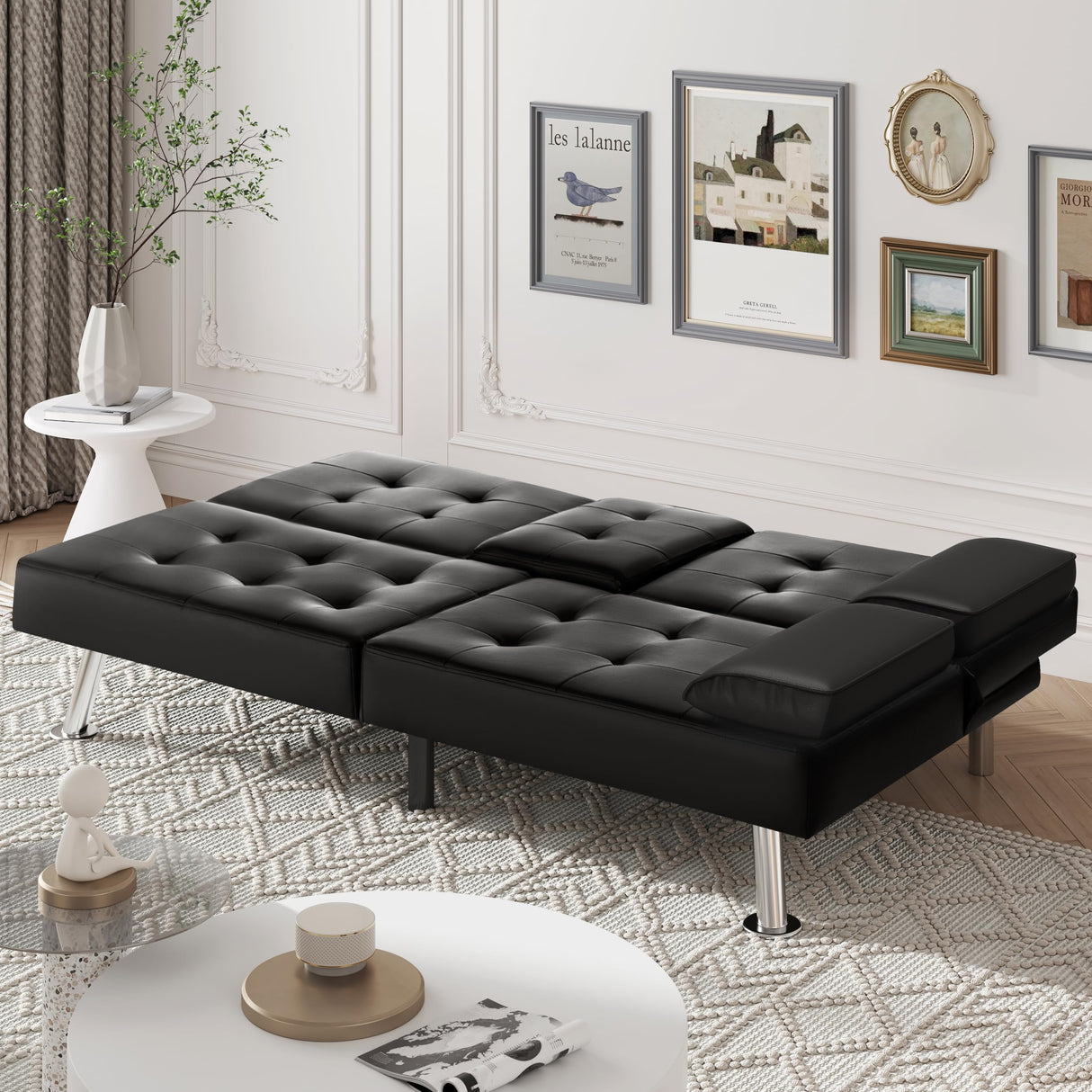 VICTONE Futon Sofa Bed Modern Faux Leather Couch Bed Convertible Folding Recliner for Living Room with 2 Cup Holders and Armrest (Black) VICTONE