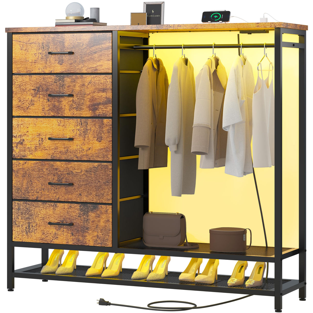 Dresser for Bedroom, Dresser with Hanging Rack Led Lights and Charging Station, Bedroom Dresser with 5 Fabric Chest of Drawers with PU Finish Storage Organizer, for Living Room Kids Room Closet, Brown SOOWERY