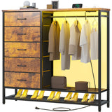 Dresser for Bedroom, Dresser with Hanging Rack Led Lights and Charging Station, Bedroom Dresser with 5 Fabric Chest of Drawers with PU Finish Storage Organizer, for Living Room Kids Room Closet, Brown SOOWERY