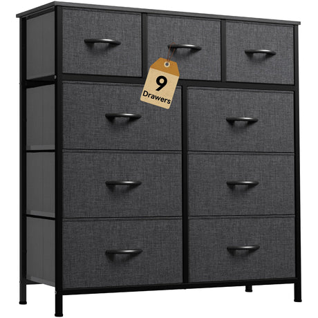 DWVO 9 Drawers Dresser for Bedroom, Fabric Storage Tower for Living Room, Entryway - Sturdy Steel Frame, Wooden Top & Easy Pull Fabric Bins DWVO
