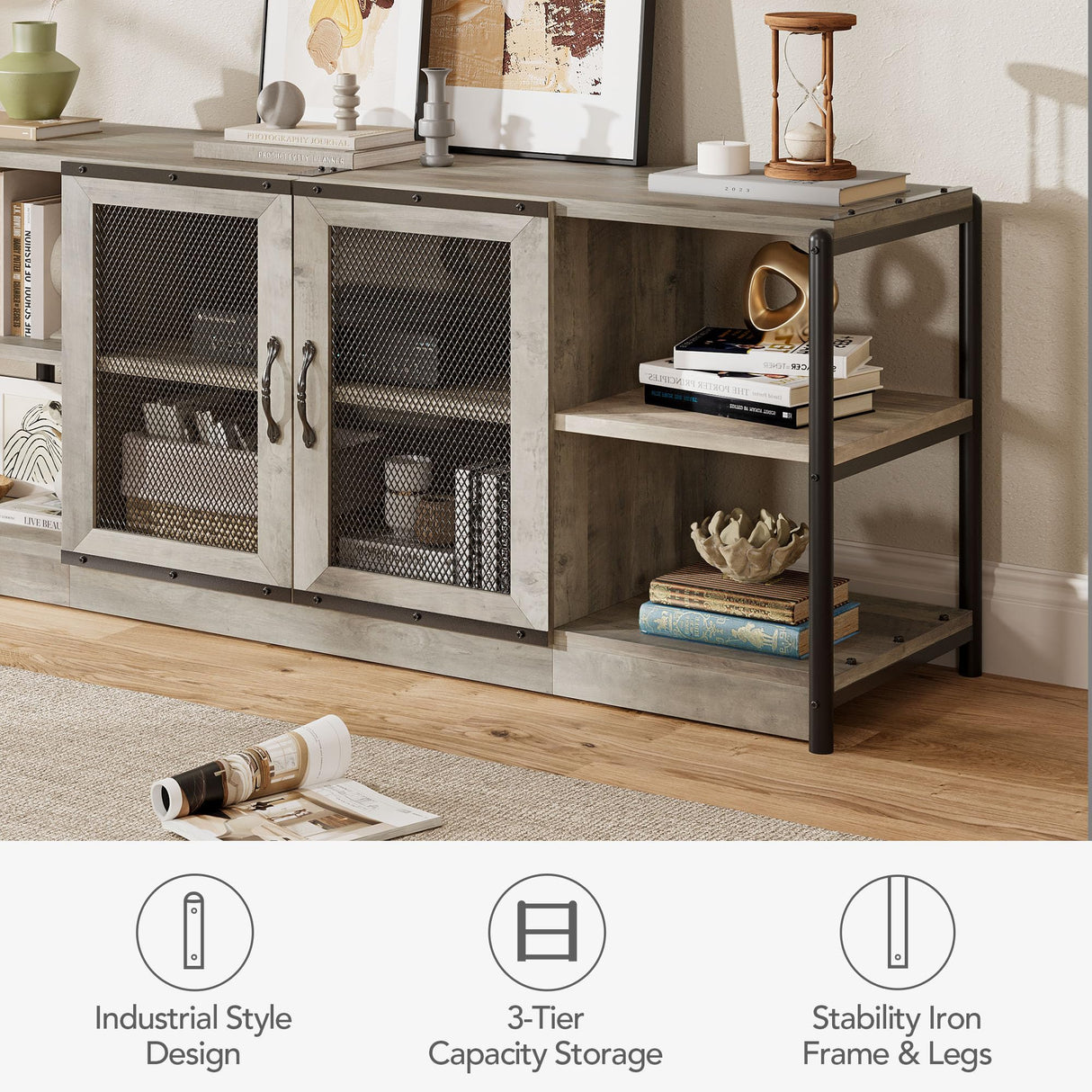 IDEALHOUSE Farmhouse TV Stand for 65/75 Inch TVs, Entertainment Center with Storage Cabinet, Industrial Media Console Table, Furniture for Living Room, Grey IDEALHOUSE