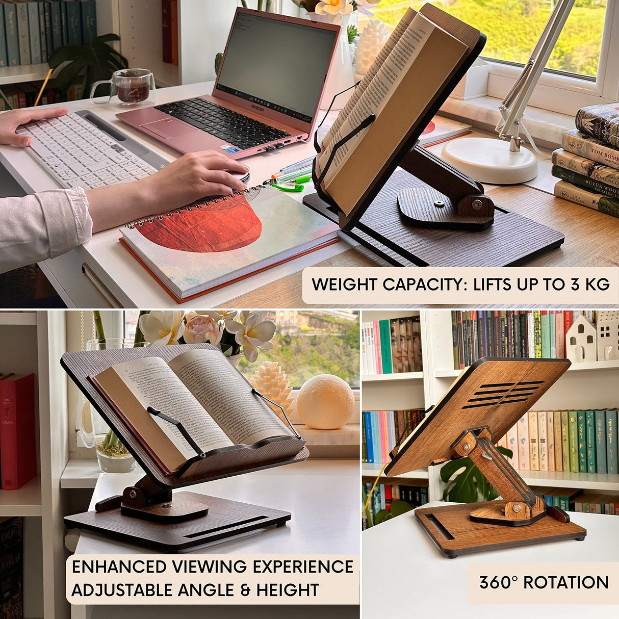 Vigo Wood Book Stand for Reading 360° Adjustable, Wooden Laptop Stand, Cookbooks Holder, Music Scores, Featuring Multi-Height Angles and Foldable Design with Page Clips. Vigo Wood