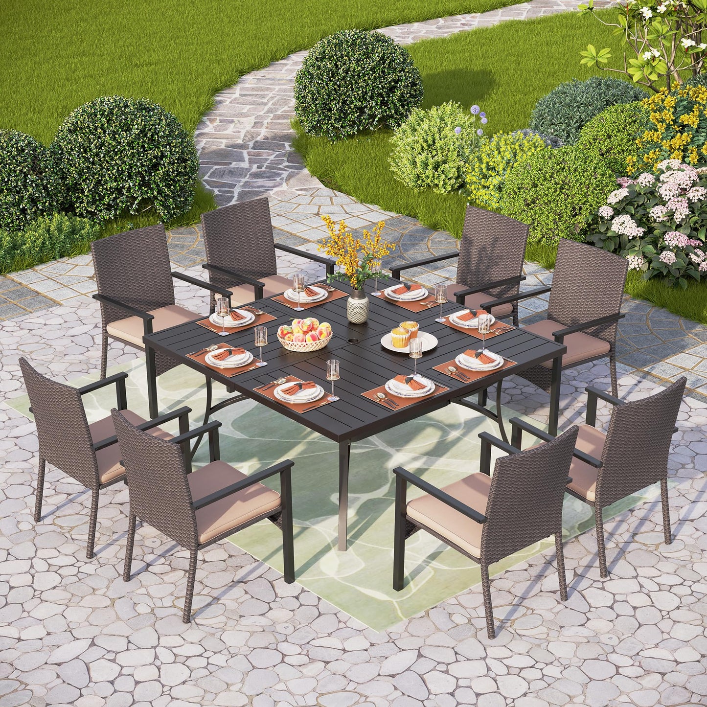 PHI VILLA 9 Pieces Square Outdoor Dining Table Set for 8, 60” Large Metal Steel Dining Table & Rattan Wicker Chairs with Cushions, Dining Furniture Set for Patio, Deck, Yard, Porch - WoodArtSupply