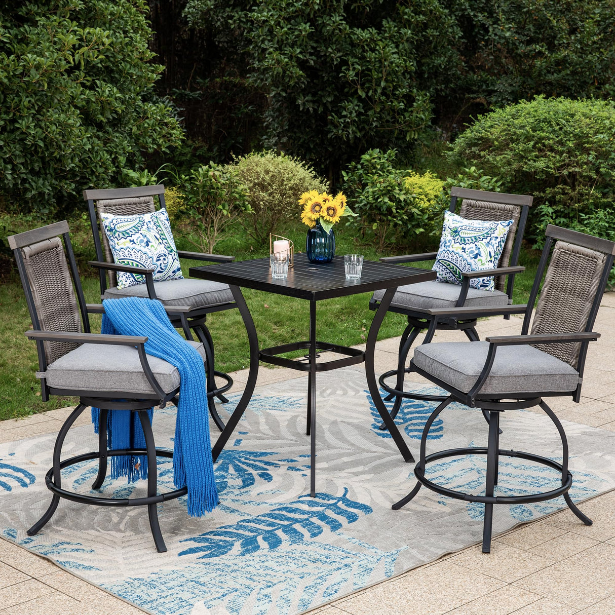 PHI VILLA 5 Piece Outdoor Bar Furniture Set, Counter Height Patio Bar Bistro Table (Square) & Rattan Wicker Bar Stools Chairs with All Weather Cushions for Backyard, Deck and Porch PHI VILLA