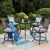 PHI VILLA 5 Piece Outdoor Bar Furniture Set, Counter Height Patio Bar Bistro Table (Square) & Rattan Wicker Bar Stools Chairs with All Weather Cushions for Backyard, Deck and Porch PHI VILLA