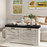 Trironsun White Shoe Storage Bench 2 Flip Drawers Shoe Rack Bench with Padded Seat Cushion Farmhouse Hidden Shoe Bench with Storage Shoe Cabinet 2 Barn Doors for Entryway Bedroom (Antique White) Trironsun