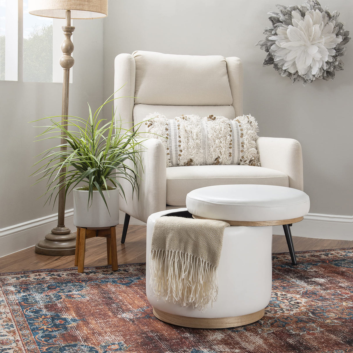 Linon Lexington White Faux Leather Round Storage Ottoman with Wood Accent Linon