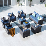 ovios Patio Furniture Set, 10 Piece Outdoor Wicker Sofa with Swivel Rocking Chairs and Comfy Cushions, High Back Rattan Couch Conversation Set, Denim Blue ovios