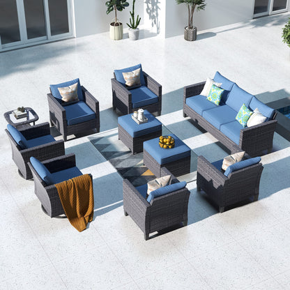 ovios Patio Furniture Set, 10 Piece Outdoor Wicker Sofa with Swivel Rocking Chairs and Comfy Cushions, High Back Rattan Couch Conversation Set, Denim Blue - WoodArtSupply