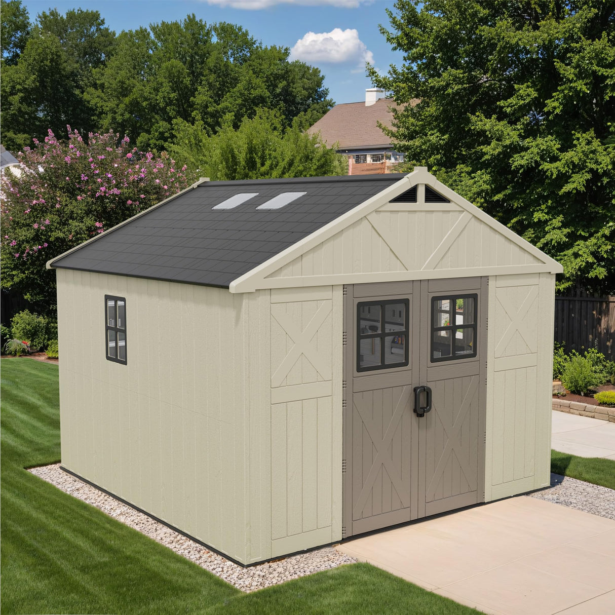 Devoko 10 x 10 FT Plastic Outdoor Storage Shed with Windows, Resin Tools Shed with Floor Large Storage Garden Shed for Patio,Garden, Backyard, Lawn, Beige Devoko