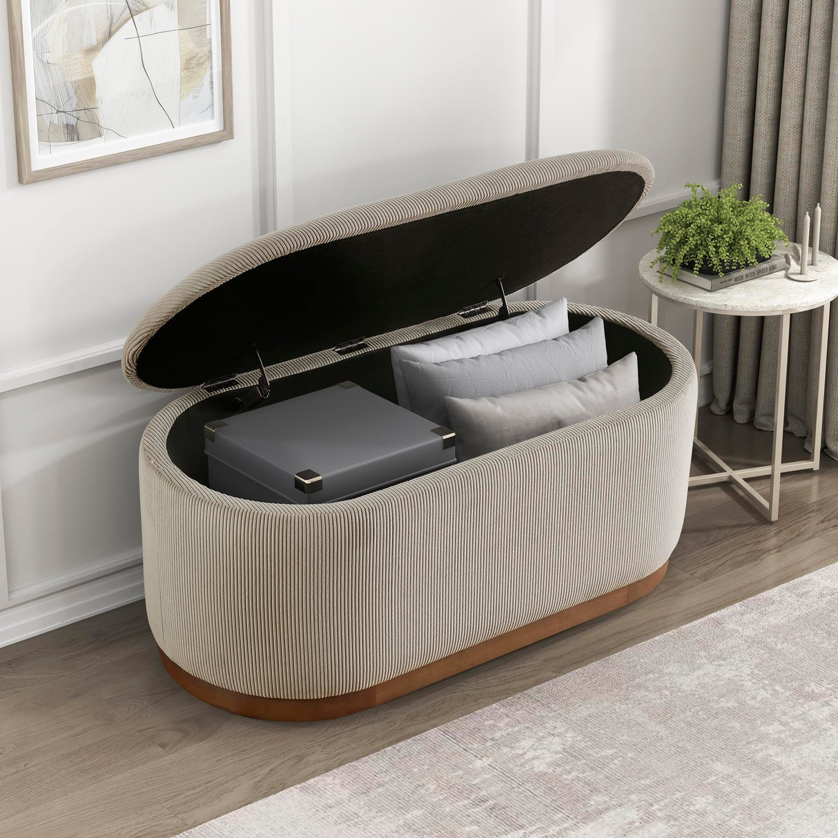 Lexicon Lift Top Storage Bench, Corduroy Fabric Upholstered Oval Entryway Bench, Modern Striped Storage Chest for Entryway/Living Room/Bedroom, Taupe Lexicon