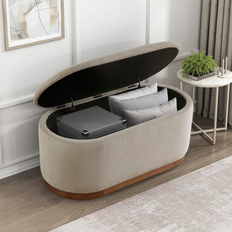 Lexicon Lift Top Storage Bench, Corduroy Fabric Upholstered Oval Entryway Bench, Modern Striped Storage Chest for Entryway/Living Room/Bedroom, Taupe Lexicon