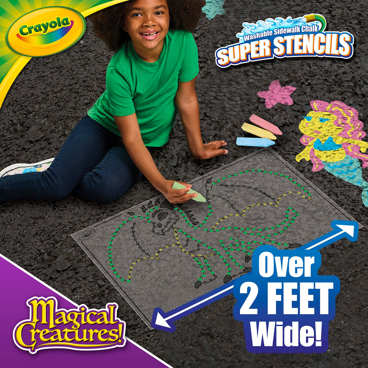 Crayola Super Stencils Magical Creatures Set (3ct), Large Sidewalk Chalk for Kids, Washable Sidewalk Chalk, Outdoor Toys, Ages 4+ Crayola