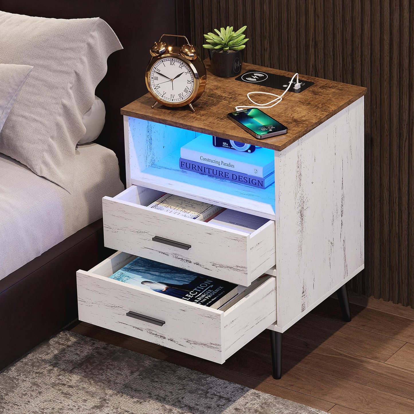 LVSOMT White Nightstand with Charging Station and LED Lights, Modern Bedside Table Smart Night Stand, End Side Table with 2 Drawers, Open Storage Shelf, USB Port for Bedroom - WoodArtSupply