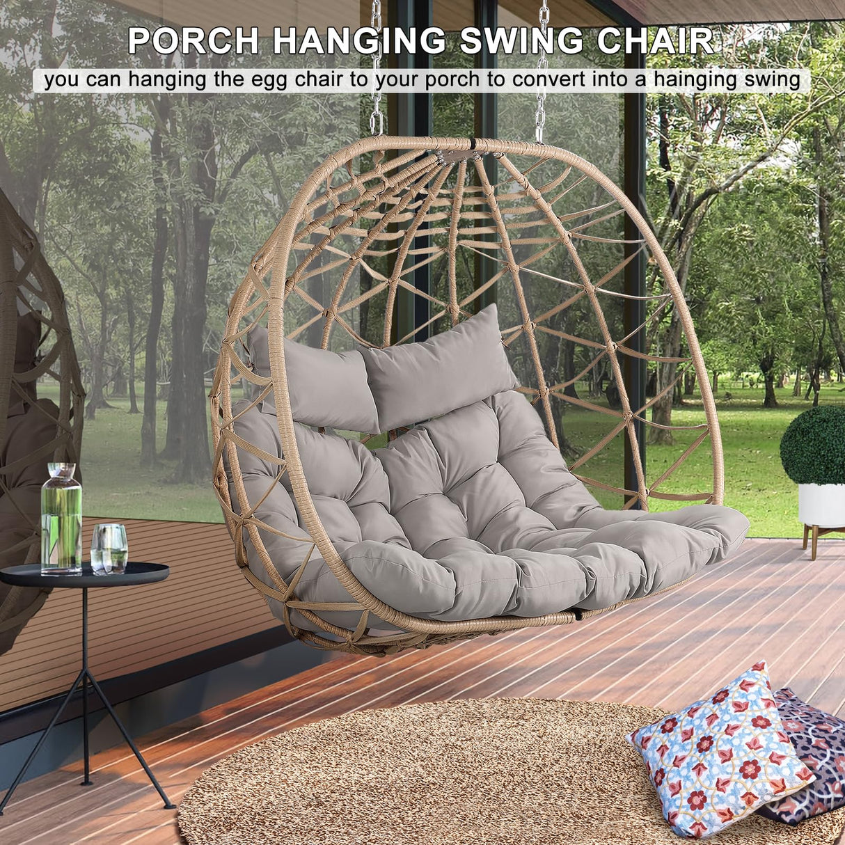 NOBLEMOOD Outdoor Egg Swing Chair with Stand, 2 Person Patio Swing Chairs with Thick Cushions and Pillows, Wicker Double Egg Chair Swing for Indoor Bedroom NOBLEMOOD