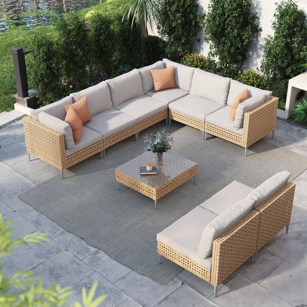 Grand patio 9-Piece Wicker Patio Furniture Set, Boho Outdoor Conversation Set Sectional Sofa with Water Resistant Beige Thick Cushions and Coffee Table, Beige Grand patio