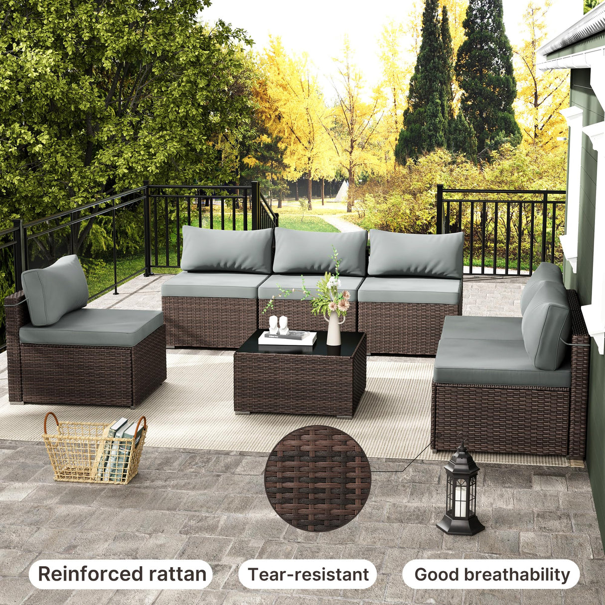 7 Piece Patio Furniture Set, Outdoor Wicker Patio Sofa Set, PE Rattan Sectional Couch with Glass Table and Grey Cushions, All-Weather 7 Piece Outdoor Patio Furniture Sets, Brown Tradare