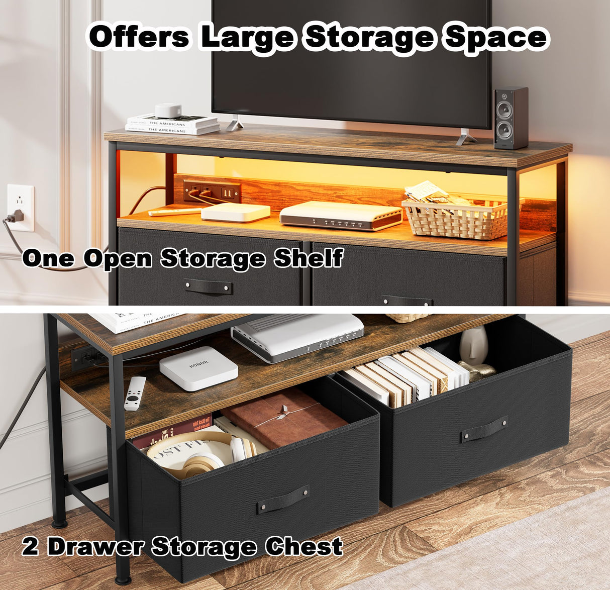 J-yaamiZz 39" TV Stand for TVs up to 50", Media Console with Charging Station & LED Lights, 2 Drawer Storage Chest, Gaming Entertainment Center with Storage for Living Room, Brown, Medium J-yaamiZz