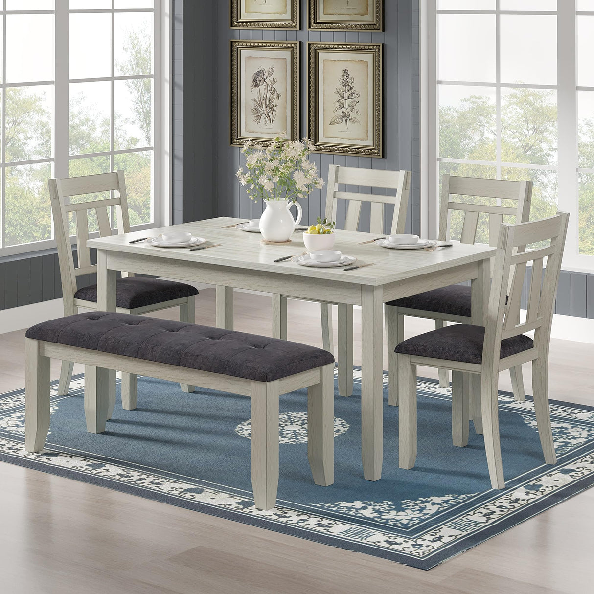 Peatuk 6-Piece Solid Wood Dining Table Set for 6, Modern Breakfast Dinette Kitchen Table with Bench & Chairs for Dining Room, Kitchen, Grey Peatuk